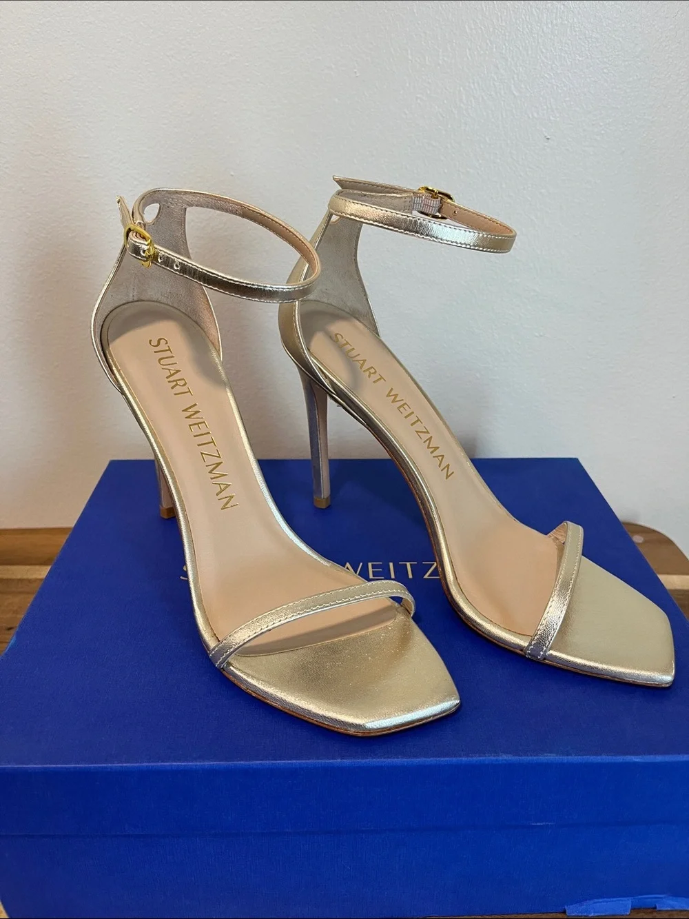 Stuart Weitzman Metallic Gold Strappy High-Heel Sandals Retail $525